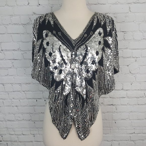 Vintage Tops - VINTAGE Silver Sequin silk butterfly blouse Top S
